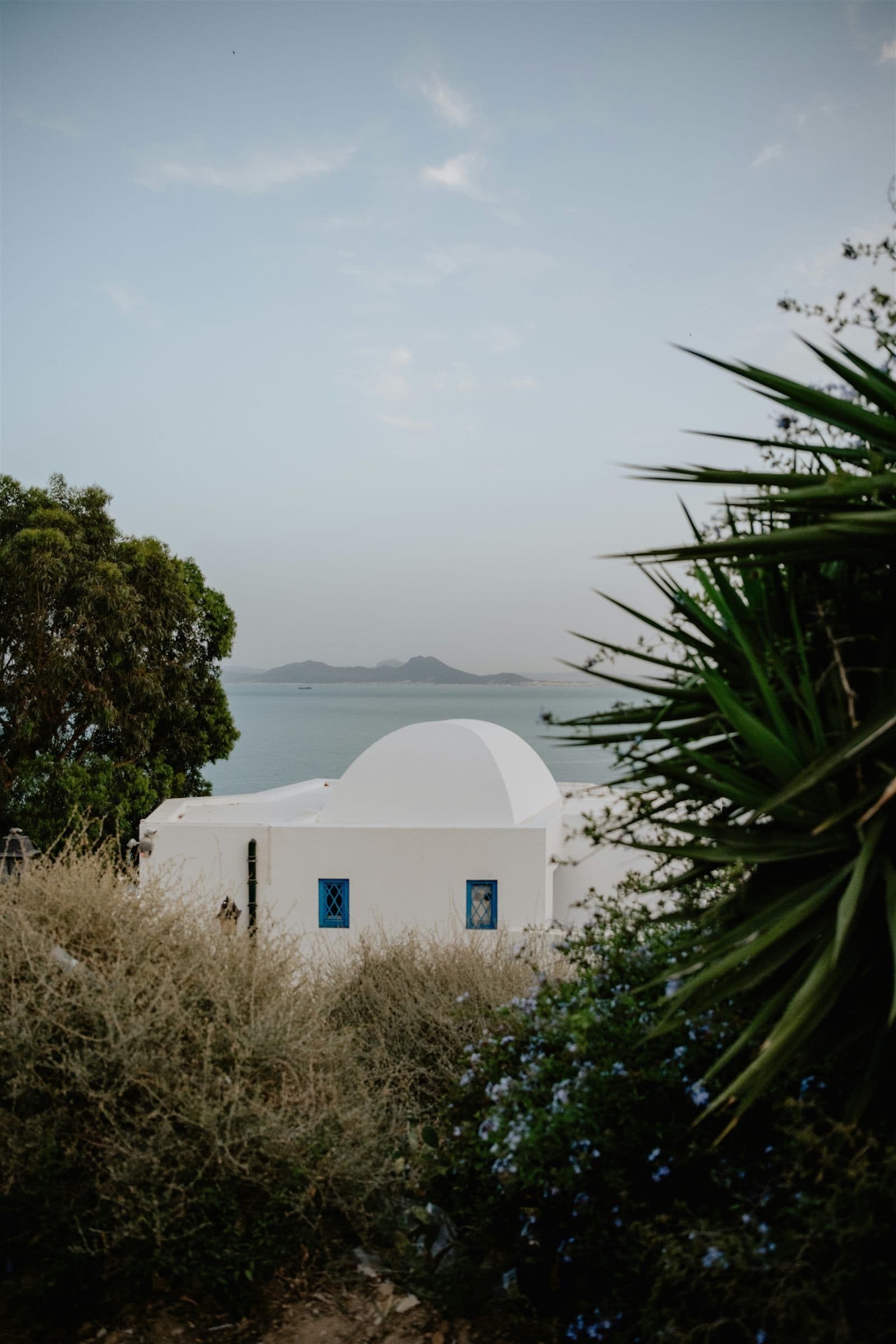 Une demeure blanche aux portes bleues, sur les hauteurs de Sidi Bou Saïd